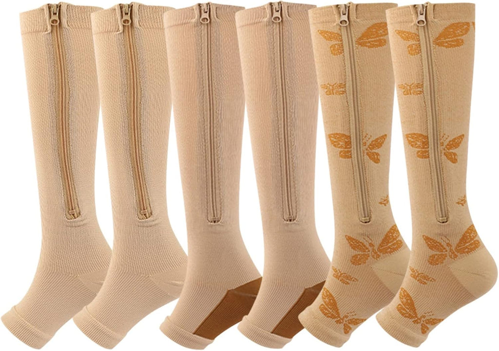 Valcatch 3 Pairs Zipper Compression Socks for Women Men 20-30 mmHg Support Hose Stockings Calf Knee High Running Walking