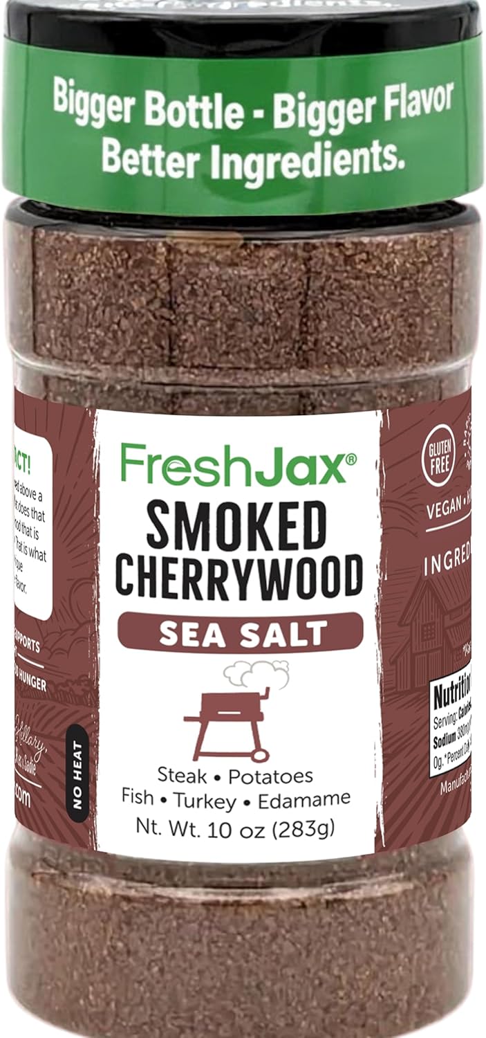FreshJax Smoked Cherrywood Sea Salt, Gourmet Finishing Seasoning 10 oz | Bold Smoky Flavor for Grilling, Meats, Vegetables, Popcorn, Eggs, Potatoes, Cocktails, Cooking | Kitchen Staple - Made in USA