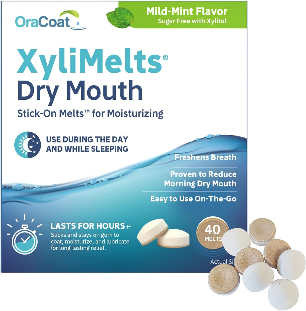Oracoat XyliMelts for Dry Mouth Night Time or Day - Moisturizing Dry Mouth Adhering Discs, Sugar Free with Xylitol, 40 Count, Mild Mint Flavor, 8-Hour Relief