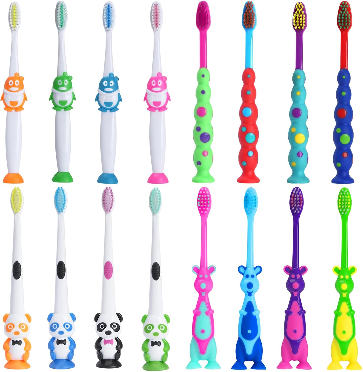 Newday 16 Pack Kids Toothbrush Bulk Soft Bristles Toddler Cute Toothbrush with Suction Cup, Includes Travel Covers, Individually Wrapped Toothbrushes, Animal Design for Children's toothbrushes