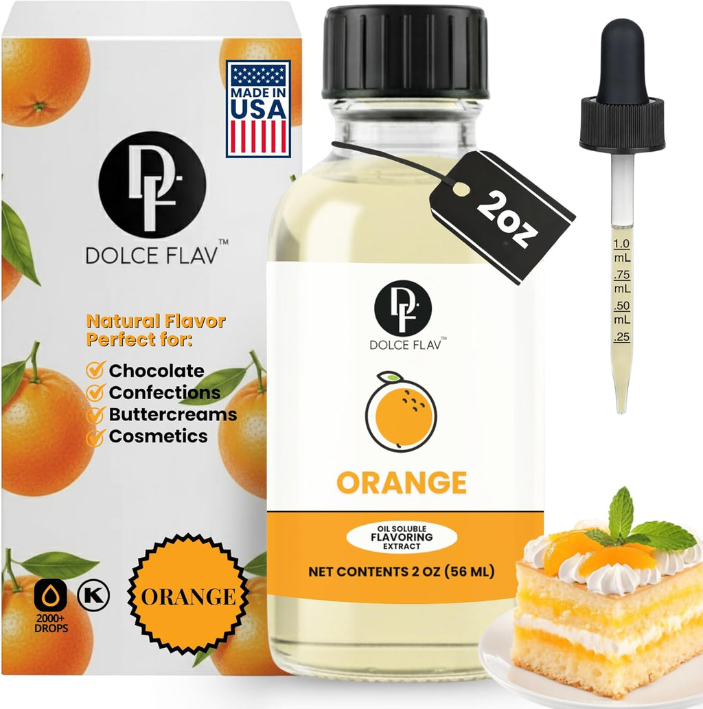 Dolce Flav Natural Orange Extract – 2 Ounce Oil-Soluble Kosher, Sugar-Free, Concentrated Citrus Flavor for Candy, Chocolates & Desserts, Includes Measured Dropper