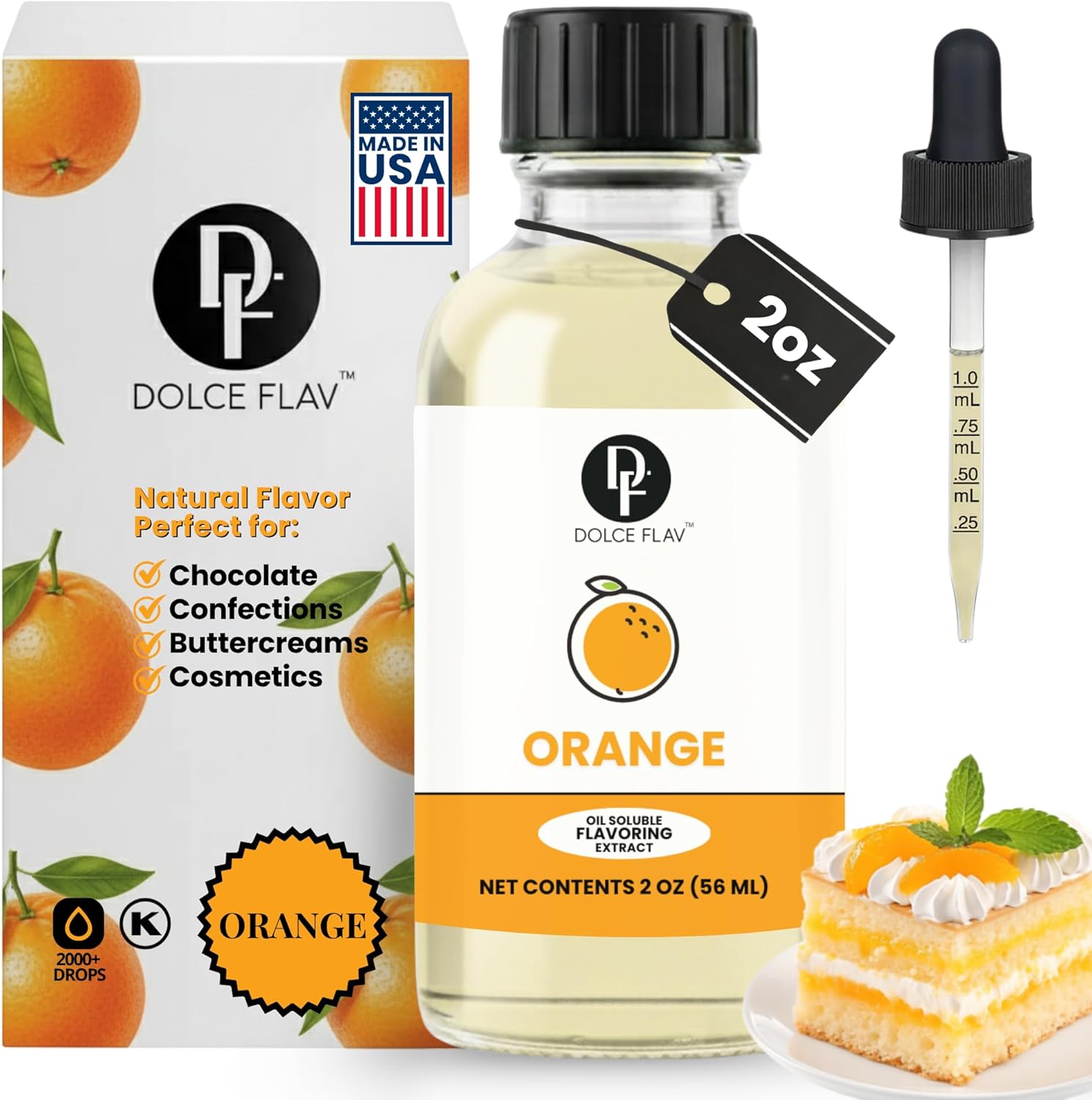 Dolce Flav Natural Orange Extract – 2 Ounce Oil-Soluble Kosher, Sugar-Free, Concentrated Citrus Flavor for Candy, Chocolates & Desserts, Includes Measured Dropper