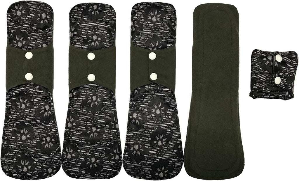MUMBABY 5pcs 30.5cm / 12inch (Fit) Heavy Flow Charcoal Bamboo Mama Cloth/Menstrual Pads/Reusable Sanitary Pads (Black Lace, Large)