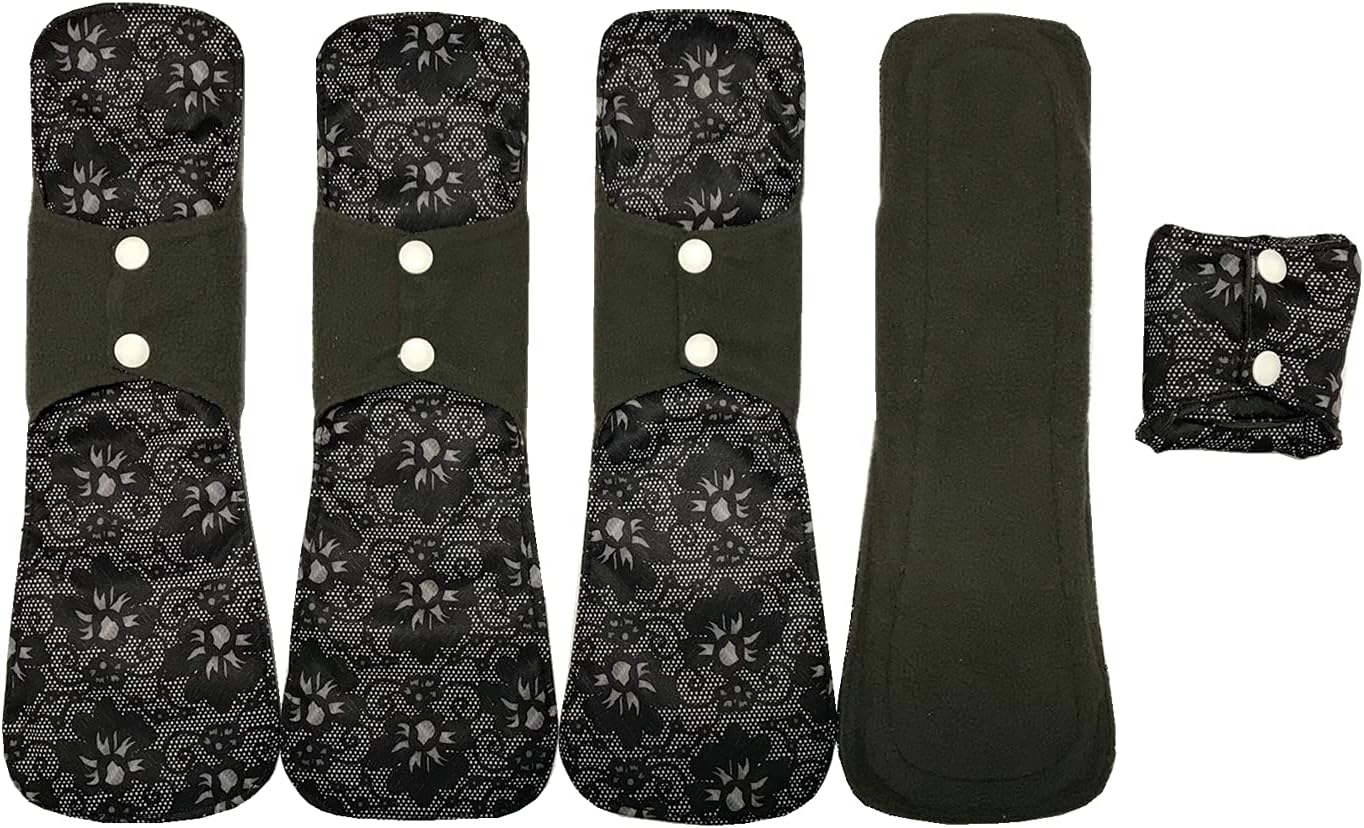 MUMBABY 5pcs 30.5cm / 12inch (Fit) Heavy Flow Charcoal Bamboo Mama Cloth/Menstrual Pads/Reusable Sanitary Pads (Black Lace, Large)