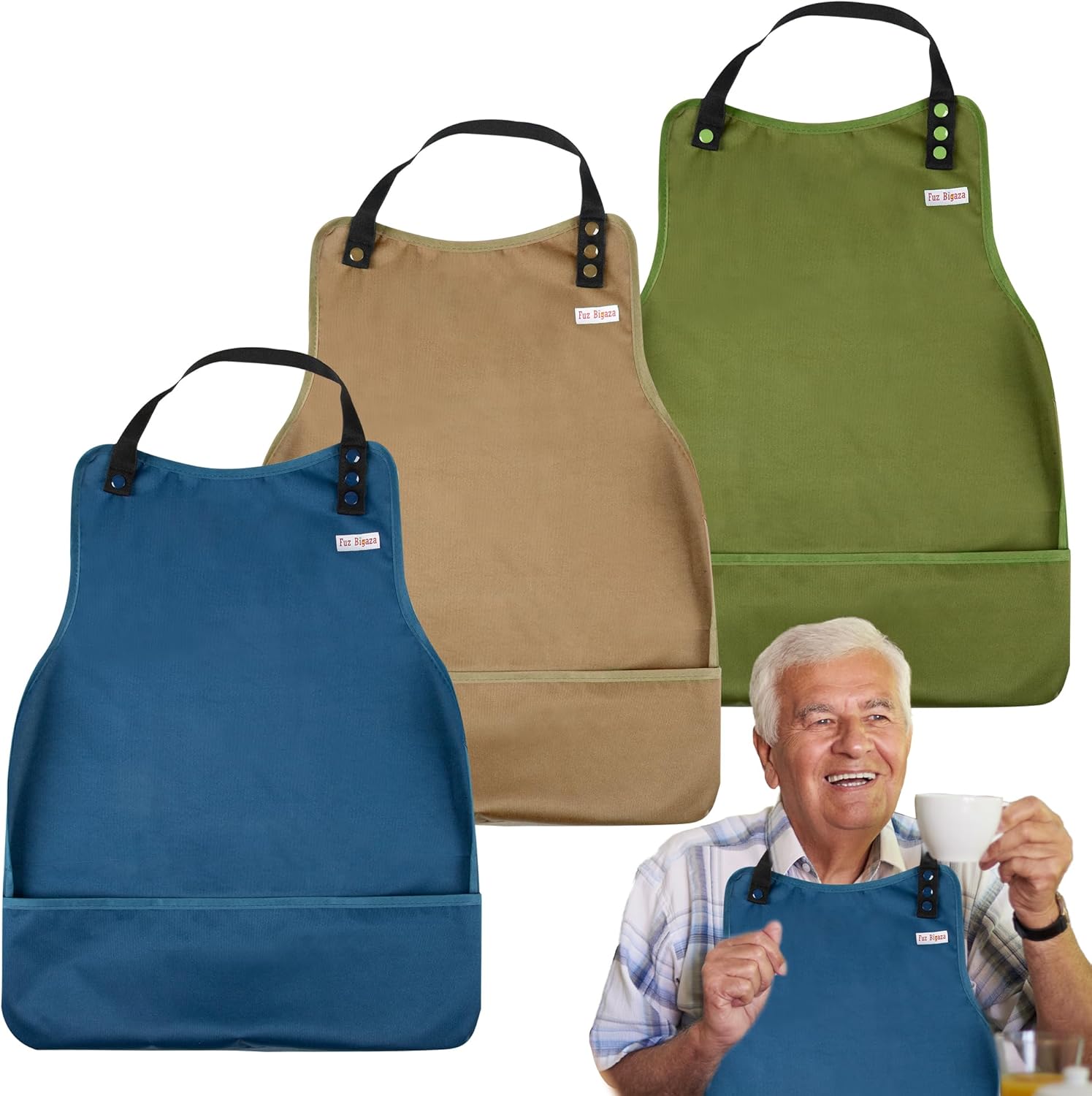 3 Pack Adult Bibs Washable Clothing Protector with Crumb Catcher, Adjustable Reusable Waterproof Large Feeding Adult Bib