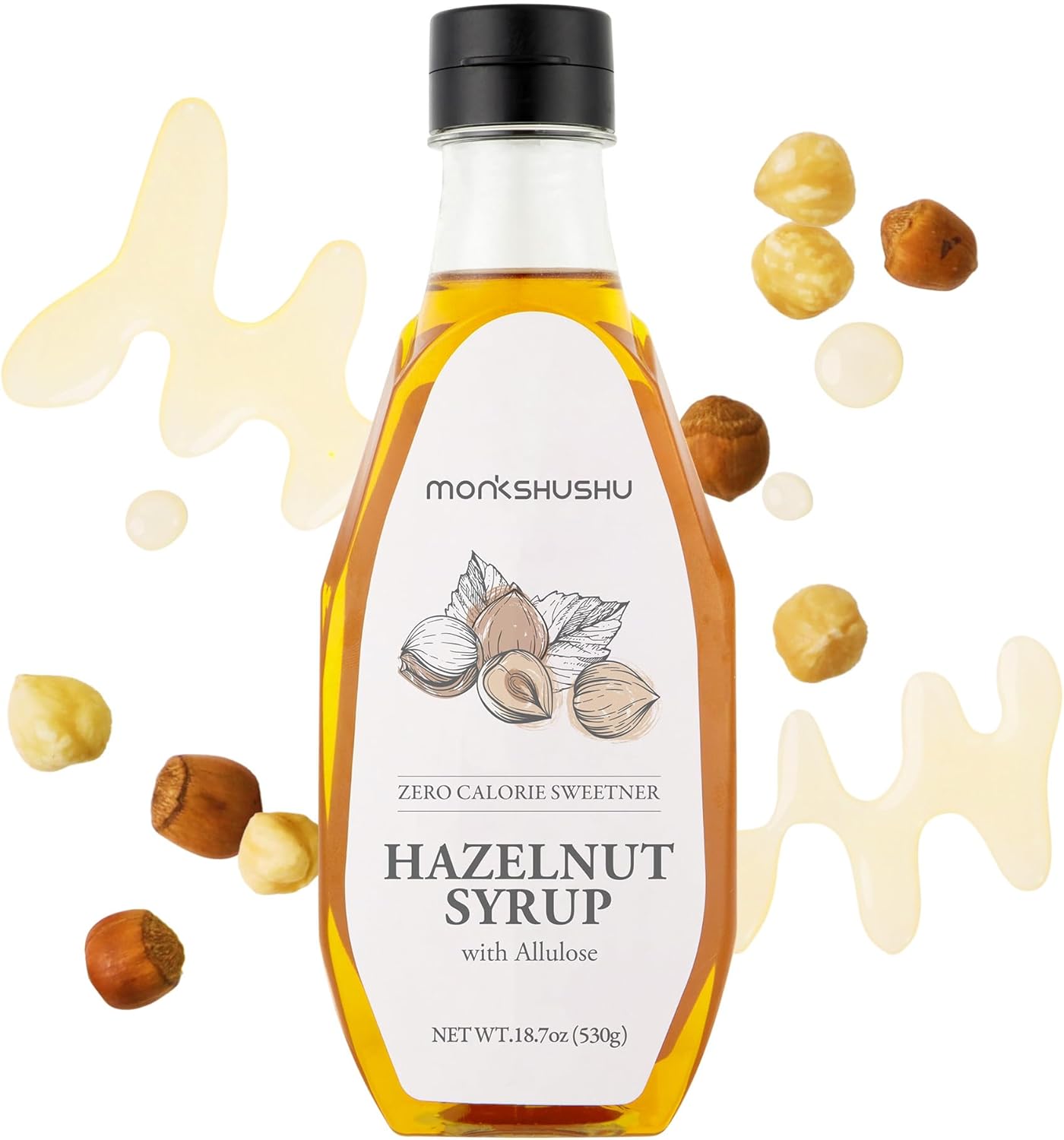 MONKSHUSHU Hazelnut Allulose Syrup 18.7 Fl Oz for coffee, drinks - Keto Diet, Vegan friendly, Diabetes-Safe - Zero Calorie, Liquid type Sugar Substitute - Monk Fruit - Gluten Free, 0g Net Carbs