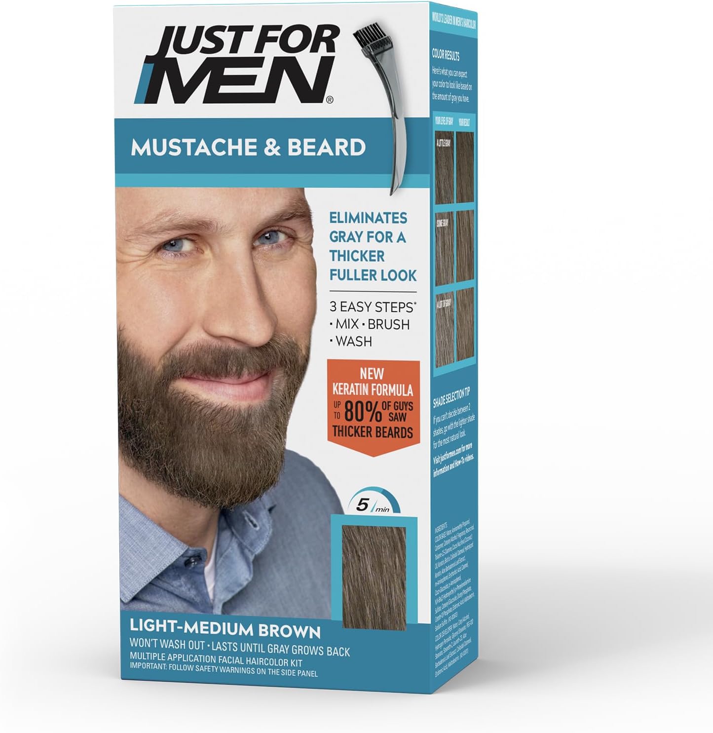 Just For Men Mustache & Beard, Beard Coloring for Gray Hair with Brush, with Keratin Biotin Aloe and Coconut Oil for Healthy Facial Hair - Light-Medium Brown, M-30, Pack of 1 (Packaging May Vary)