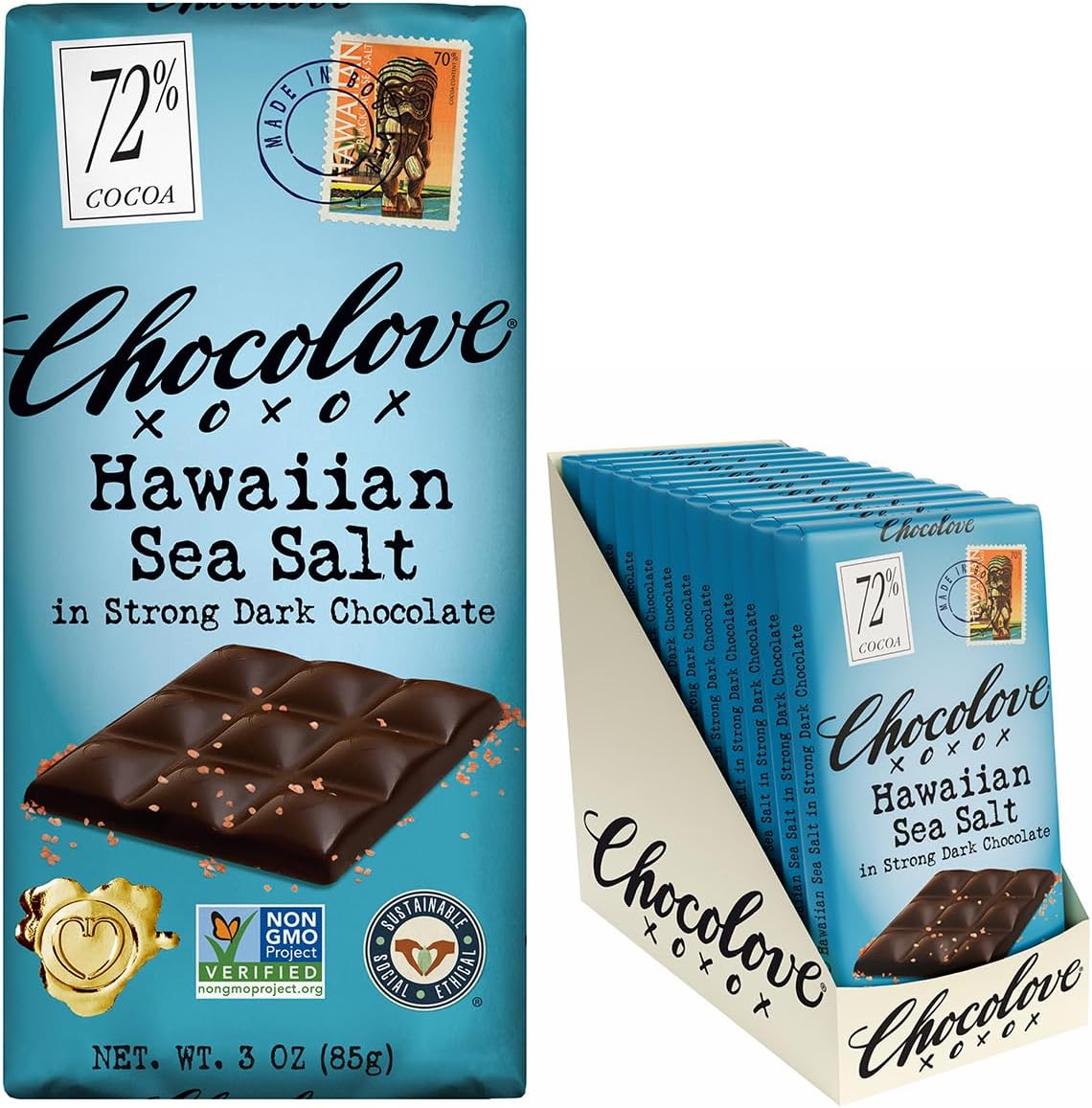 Chocolove Hawaiian Sea Salt Dark Chocolate Bars | 72% Cocoa | Rich and Intense Flavor | Made with Premium Chocolate | Non-GMO & Gluten-Free, 3.2 oz Bar (12 Pack)