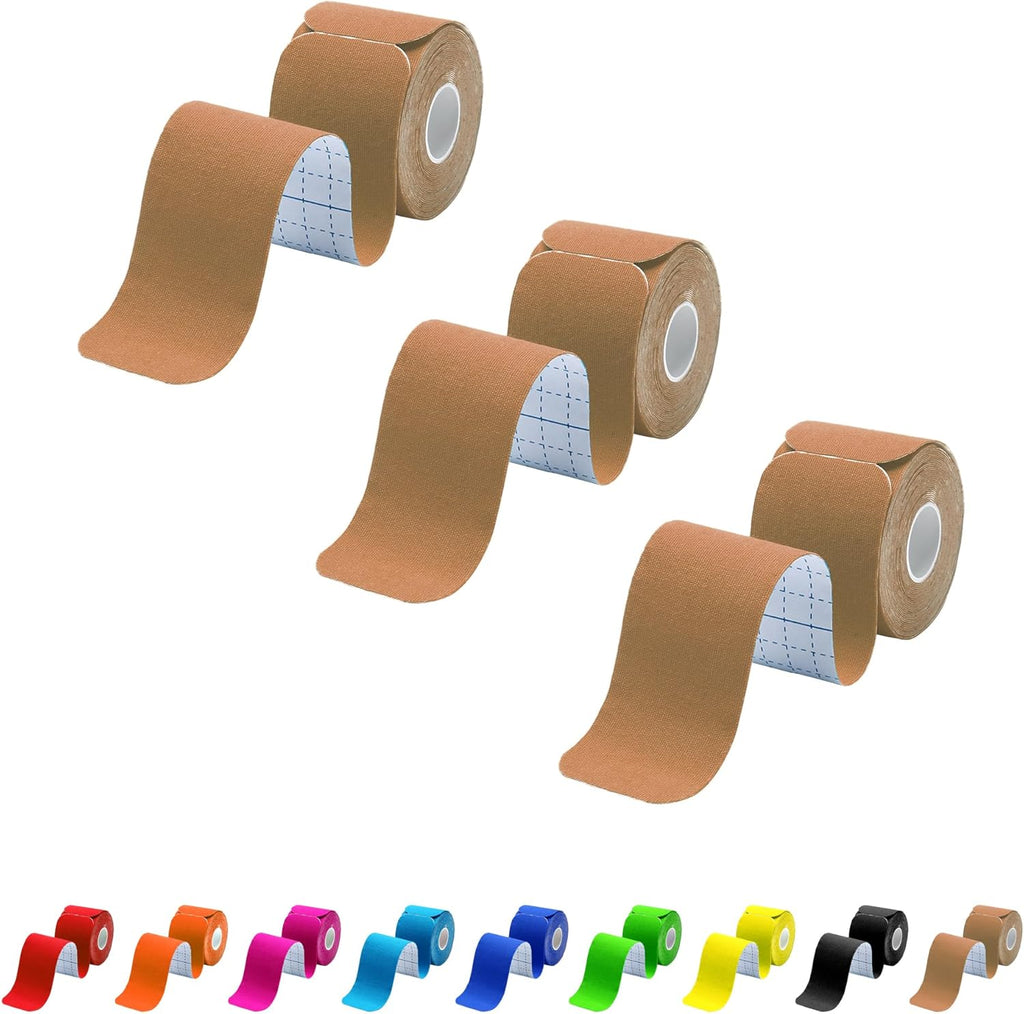 Kinesiology Tape Precut 3 Rolls, Athletic Sports Tape for Muscle Joints Support, 60 Strips for Knee Ankle Shoulder Wrist, Latex Free and Water Resistant, Beige
