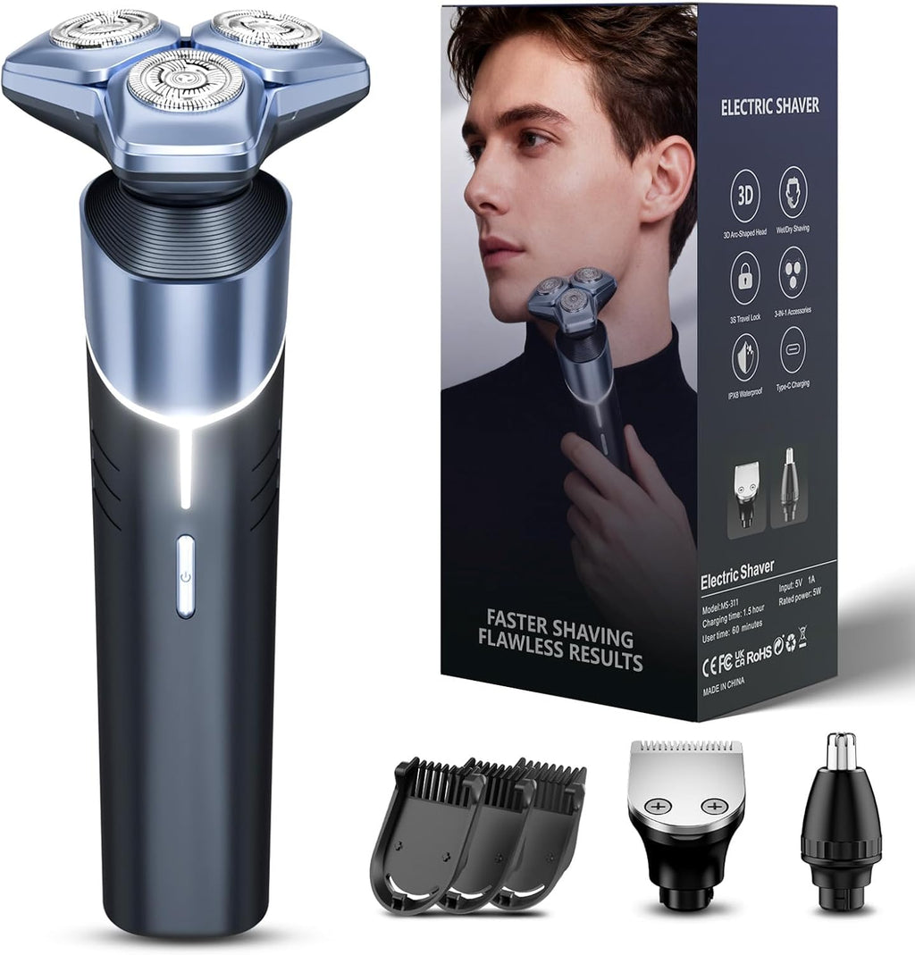 Electric Razor for Men: 3-in-1 Shaver with Hair Clipper and Nose Hair Trimmer, 10000 RPM High Speed Motor, Vivid Blue