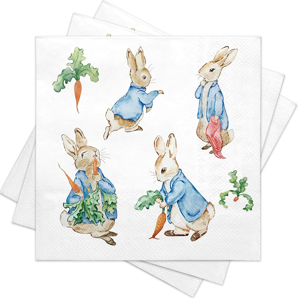 RUSPEPA 50 Pcs Easter Bunny Napkin Paper, 3 Ply Rabbit and Carrot Design Disposable Cocktail Napkins for Easter Party, Baby Shower, Spring Picnic, Birthday, Farm Theme Table Decor, 5 x 5 Inch