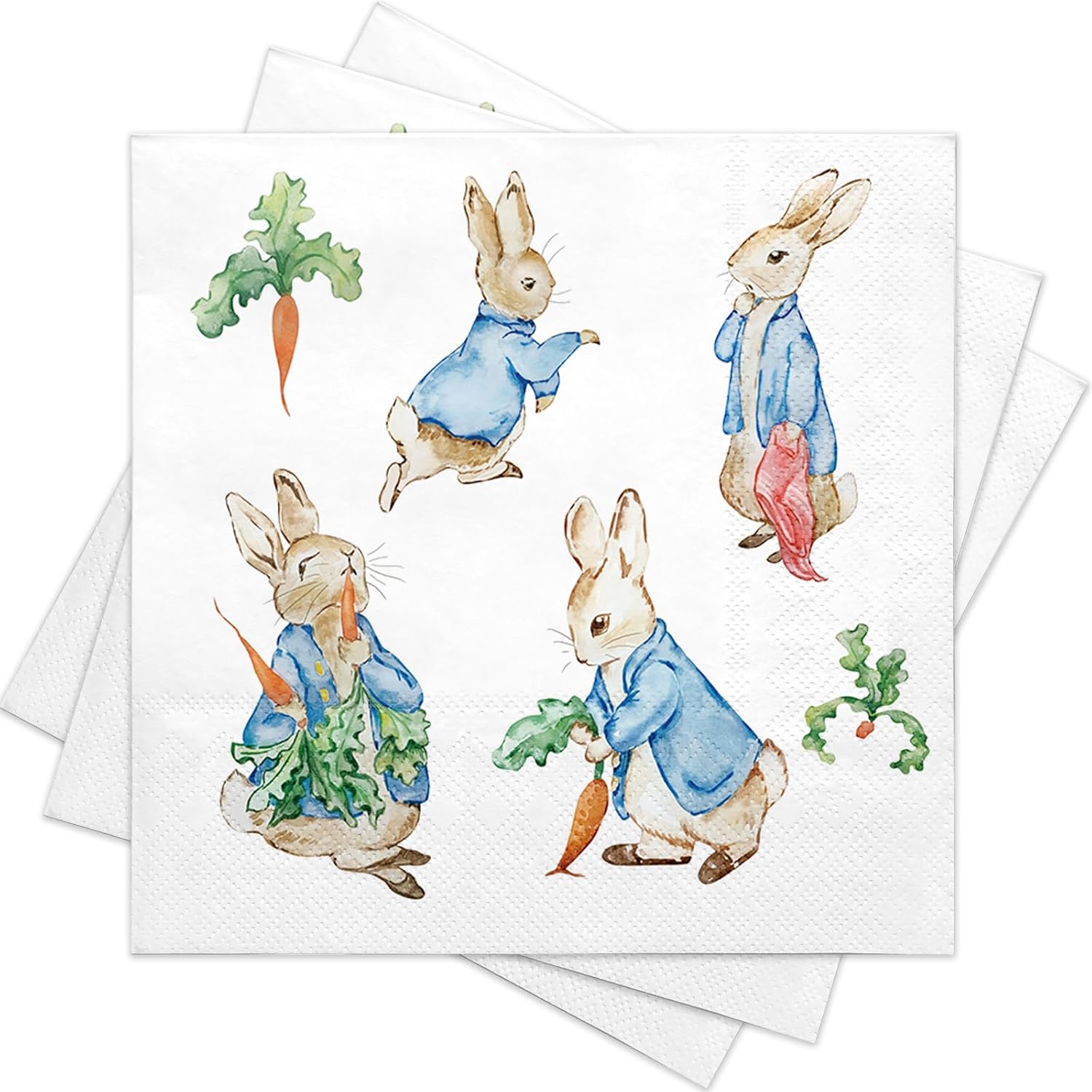 RUSPEPA 50 Pcs Easter Bunny Napkin Paper, 3 Ply Rabbit and Carrot Design Disposable Cocktail Napkins for Easter Party, Baby Shower, Spring Picnic, Birthday, Farm Theme Table Decor, 5 x 5 Inch