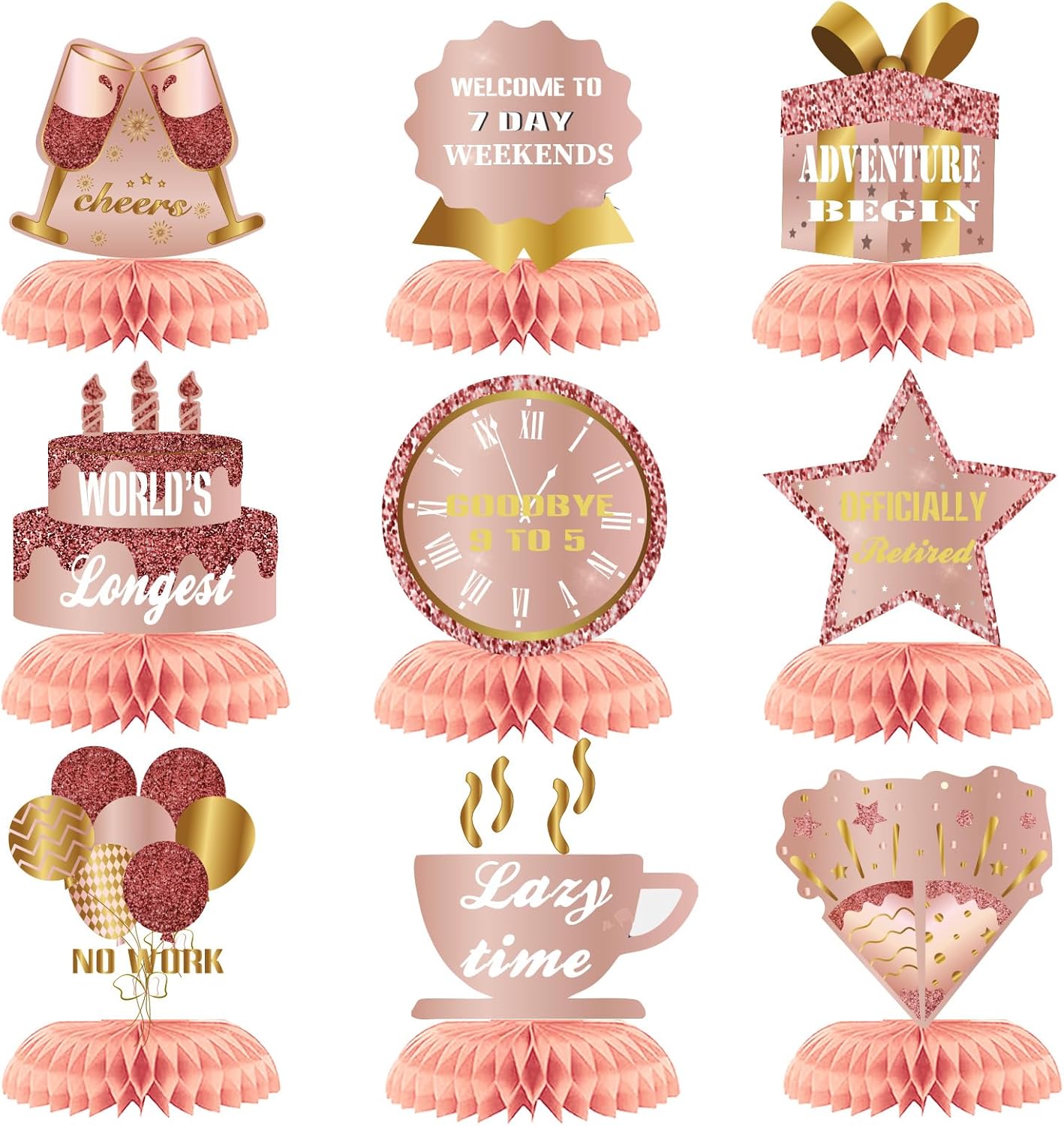 9Pcs Happy Retirement Decorations Table Honeycomb Centerpieces Party Supplies Pink Rose Gold Retirement Adventure Awaits Sign for Men Retired Decor Goodbye Retirement Signs