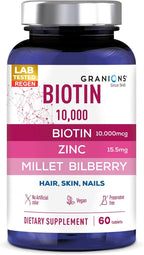Granions Biotin 10,000 mcg Hair, Skin and Nails Pills - Extra Strength Biotin Complex with Zinc, Selenium, Millet, Bilberry, Aminos - Hair Growth Vitamins Supplement for Women & Men - 60 Tablets