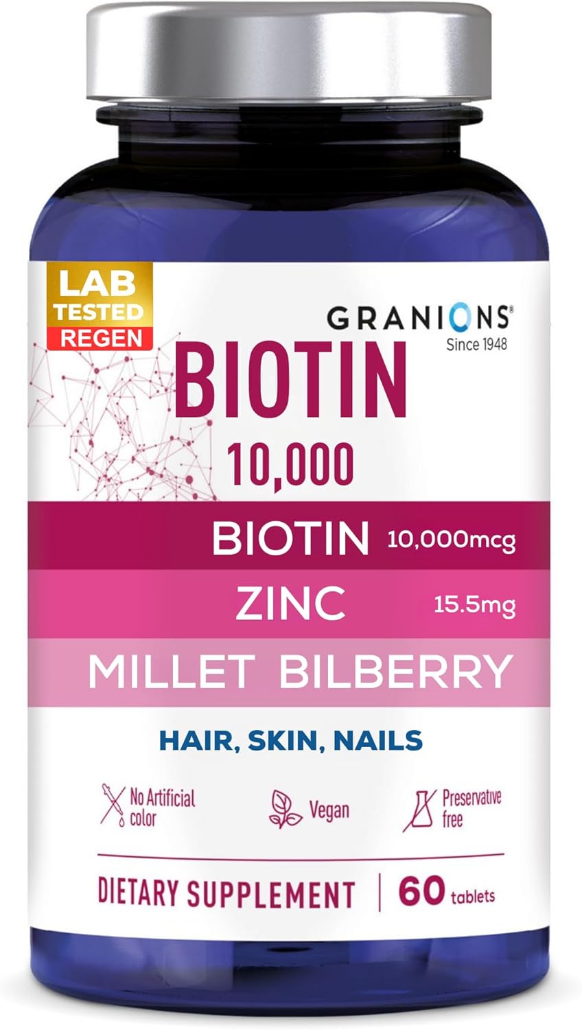 Granions Biotin 10,000 mcg Hair, Skin and Nails Pills - Extra Strength Biotin Complex with Zinc, Selenium, Millet, Bilberry, Aminos - Hair Growth Vitamins Supplement for Women & Men - 60 Tablets
