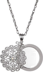 5X Necklace Magnifier Magnifying Glass Flower Pendant Retro Magnifying Loupe Pocket Jewelry Magnifier Necklace Elegant Long Sweater Chain with Jewelry Box for Senior Reading (Silver-Sliding Top)