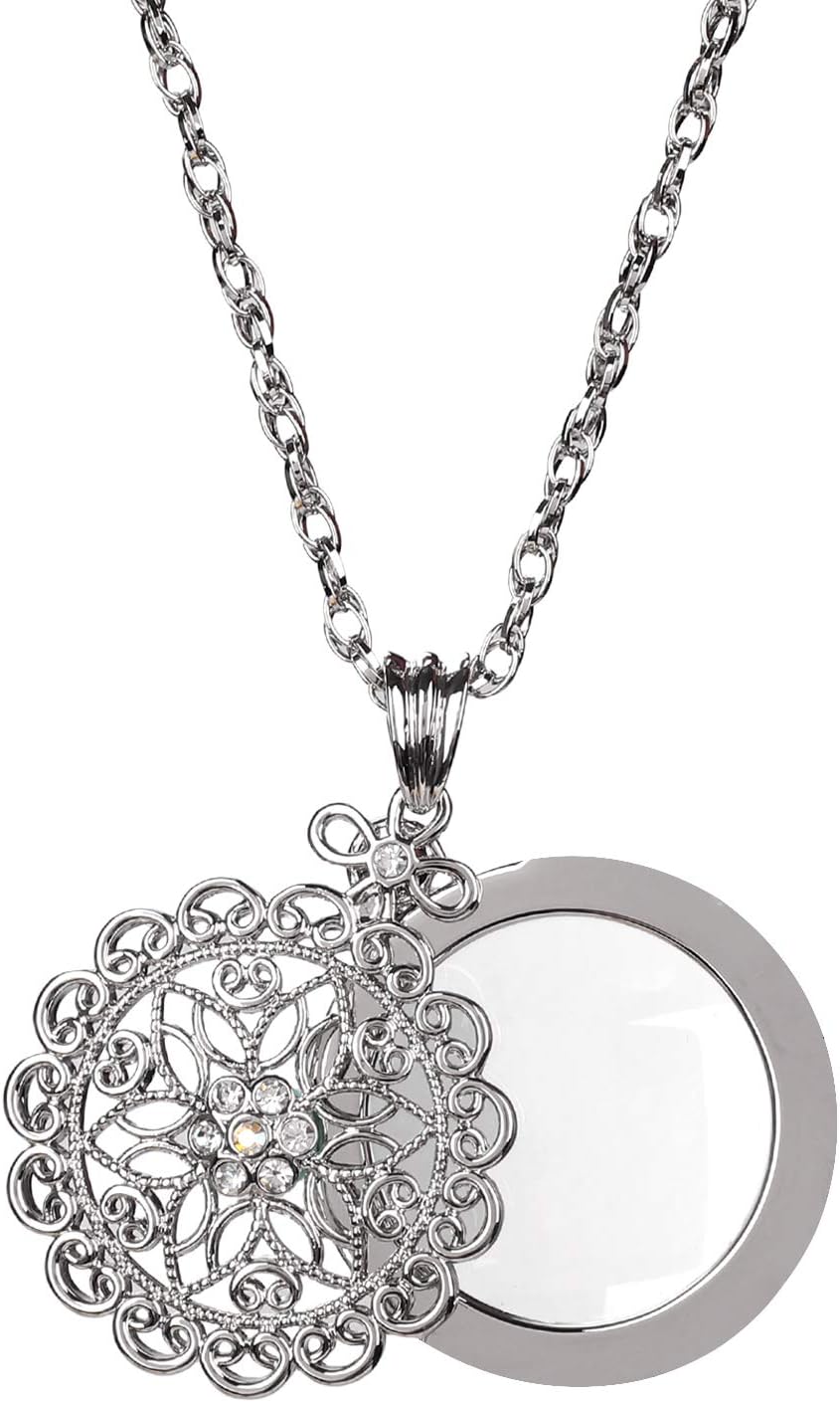 5X Necklace Magnifier Magnifying Glass Flower Pendant Retro Magnifying Loupe Pocket Jewelry Magnifier Necklace Elegant Long Sweater Chain with Jewelry Box for Senior Reading (Silver-Sliding Top)