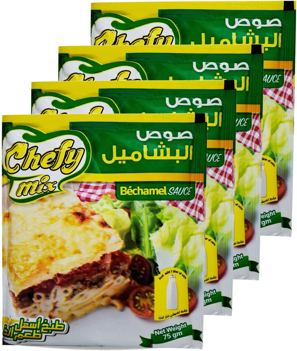 Chefy Mix Bechamel Sauce Béchamel (Halal) Besciamella Ready Bechamel Powder Sauce In Arabian Spice Just Add Milk Easy Quick Fast (4 Pack = 10.58 oz / 300 gm) صوص البشاميل حلال
