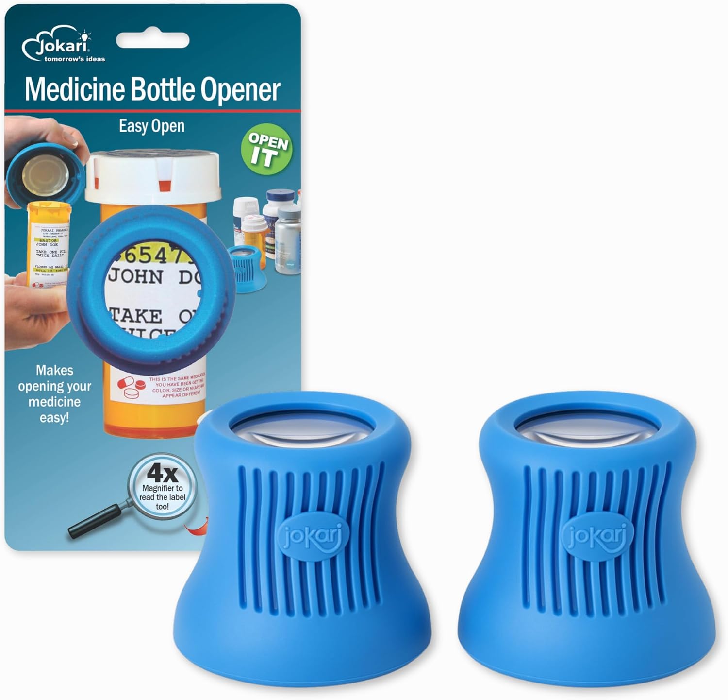 Jokari Easy Open Prescription Medicine Bottle Opener and Built in Magnifying Glass. Helps Read Medical Pharmacy Label Print to Ensure Taking Correct Pills and Dosage. (2-Pack)
