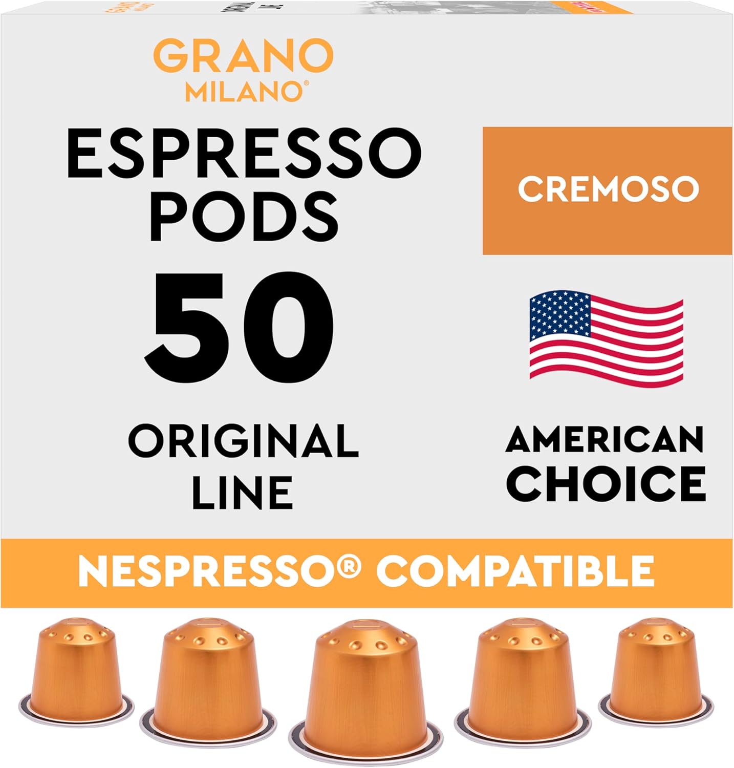 Grano Milano Cremoso Coffee Capsules - 50 Aluminum Coffee Pods Compatible with Nespresso Original line,100% Arabica Medium Roast - Intensity 8/12, Made in Italy
