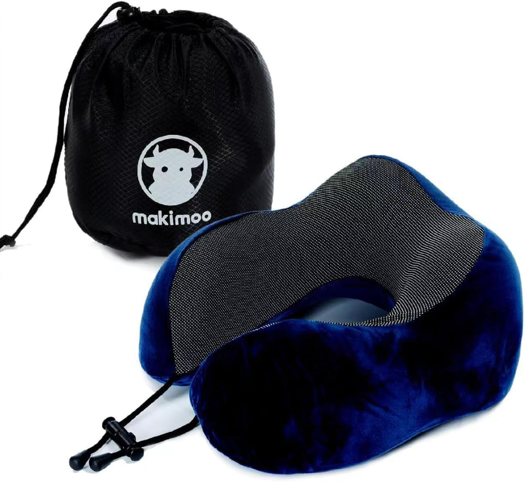 Memory Foam Travel Pillow, Neck Pillow with 360-Degree Head Support, Comfortable and Lightweight, Ideal for Sleeping on Airplane, Car, Train, Bus and Home Use, Comes with Storage Bag (Blue)