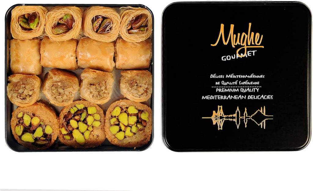 Premium Turkish Baklava Gift Box - Mughe Gourmet Authentic Halal Baklava Pastry Assortment with Pistachios, Walnuts, Cashews - Elegant Metal Tin 9oz/250g - Perfect for Christmas, Birthday, Eid