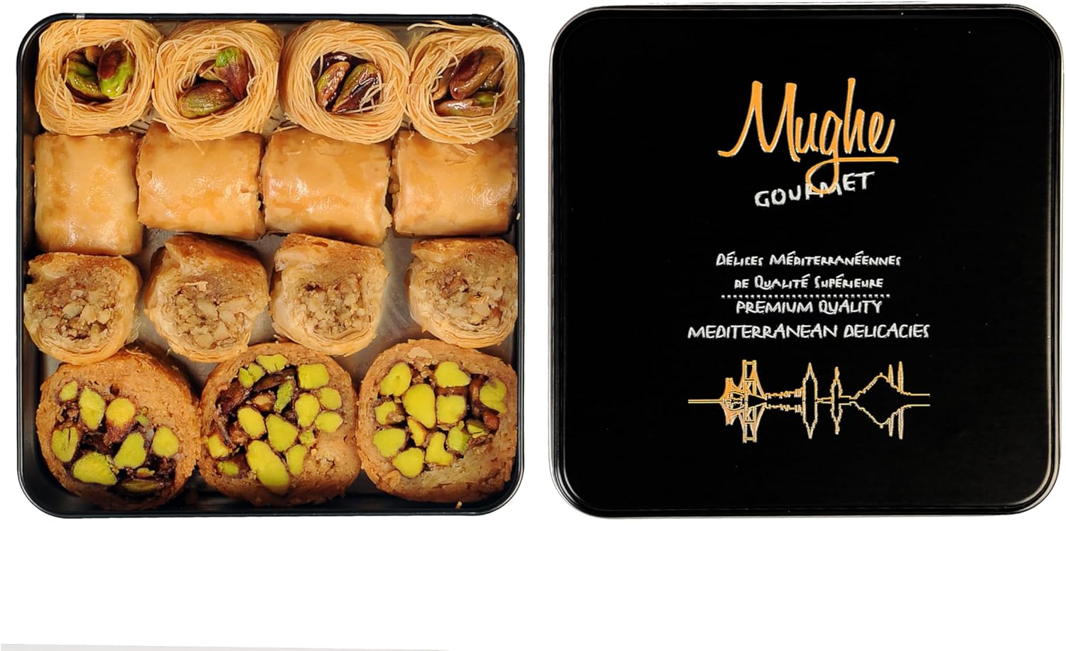 Premium Turkish Baklava Gift Box - Mughe Gourmet Authentic Halal Baklava Pastry Assortment with Pistachios, Walnuts, Cashews - Elegant Metal Tin 9oz/250g - Perfect for Christmas, Birthday, Eid