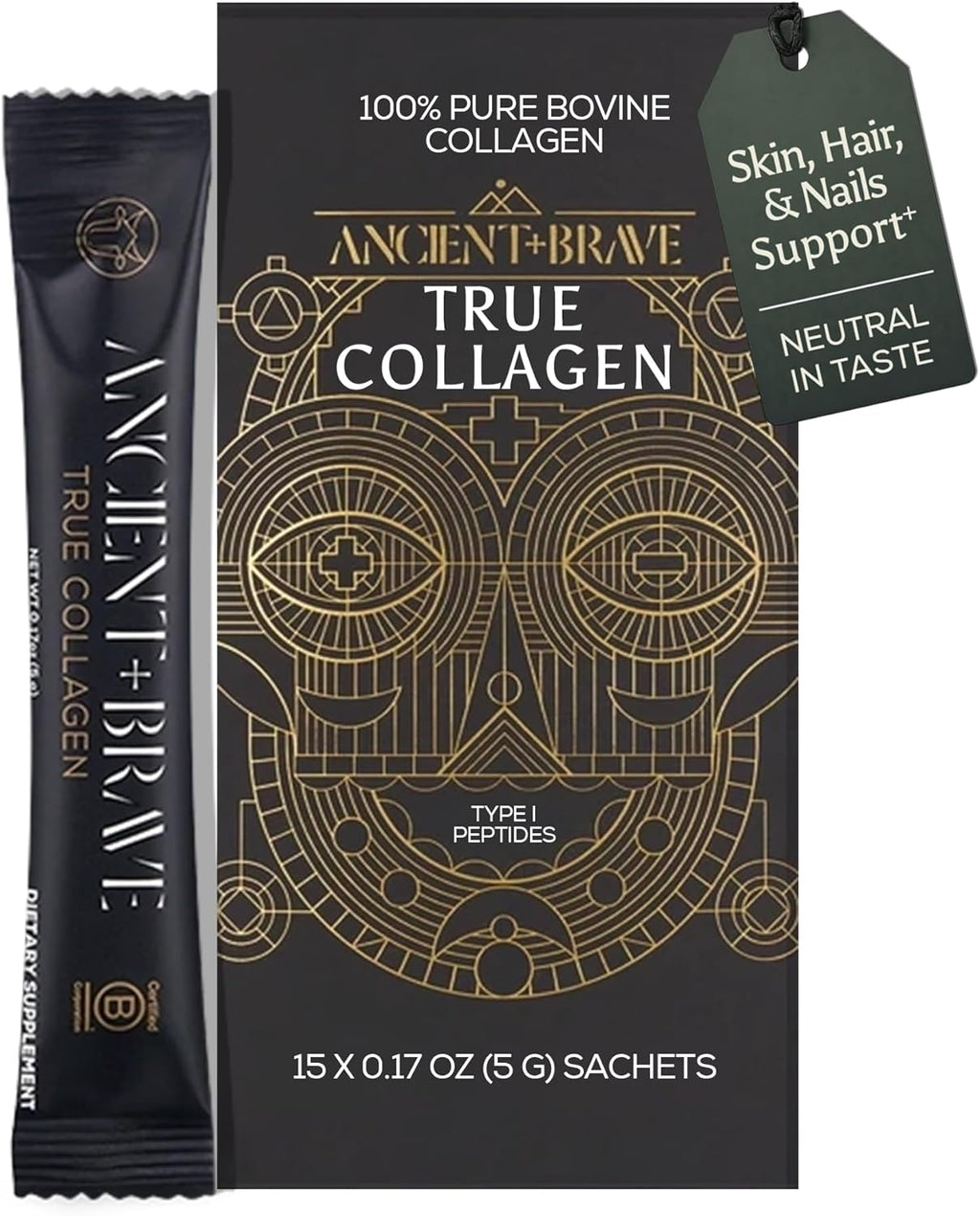 Ancient + Brave True Collagen Powder Packets 15 x 5g, EU Grass Fed Collagen Peptides, Highly Absorbable Protein Powder, Supplements for Women, Keto Friendly, for Hair, Skin and Nails, Travel Ready