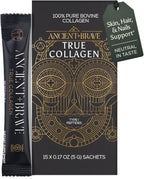 Ancient + Brave True Collagen Powder Packets 15 x 5g, EU Grass Fed Collagen Peptides, Highly Absorbable Protein Powder, Supplements for Women, Keto Friendly, for Hair, Skin and Nails, Travel Ready
