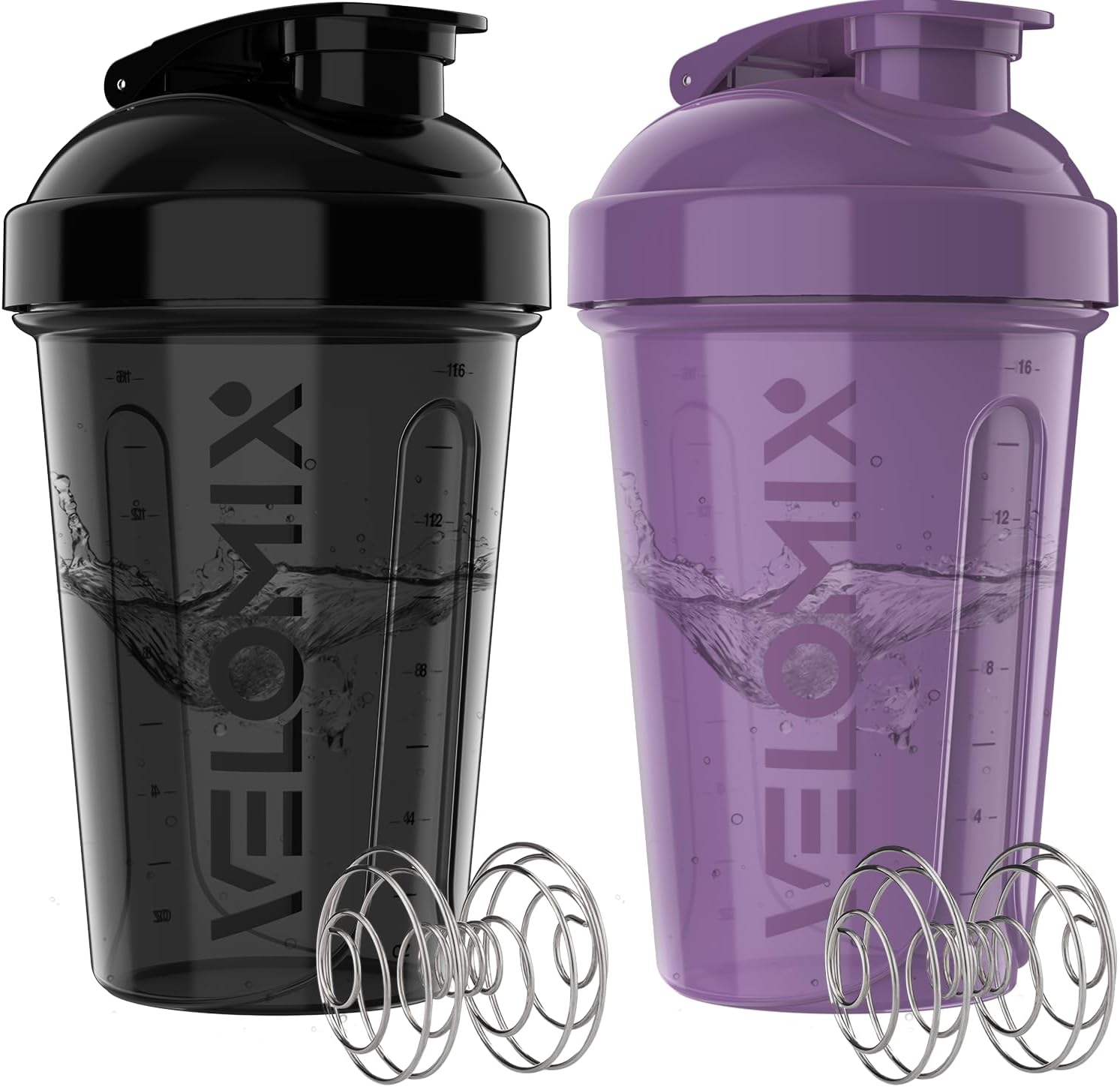 VELOMIX -2 Pack- 20 oz Protein Shaker Bottles for Protein Mixes - 2x Wire Whisk | Leak Proof Shaker Cups for Protein Shakes and Pre Workout | Protein Shaker Bottle Pack (A9) Purple/Black