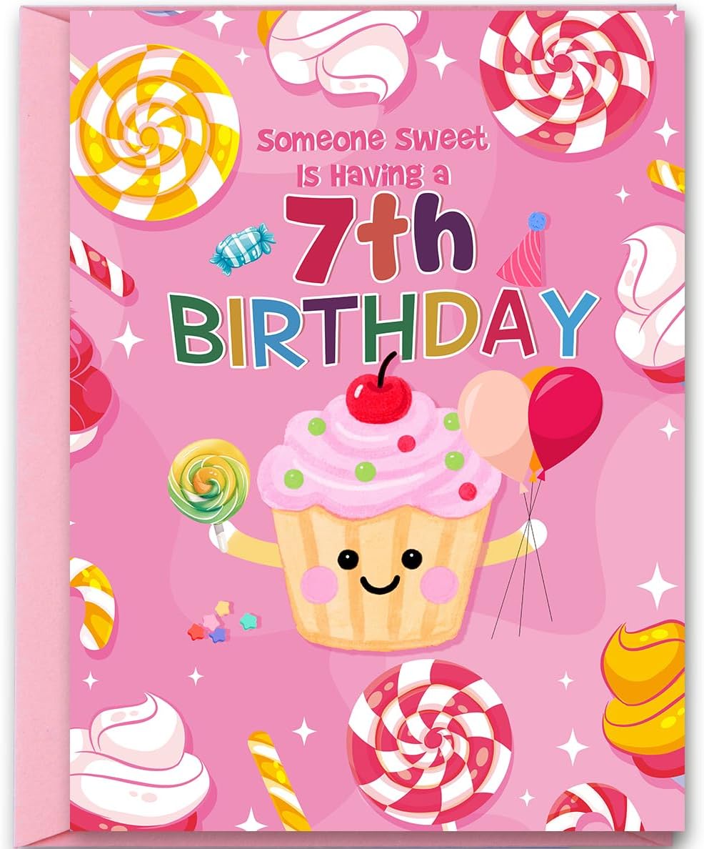 Hongshan Cute 7th Birthday Card for Girl,Seven Years Old Bday Gift Card for Daughter Granddaughter Niece,7 Years Old Cupcake and Candy Decorations