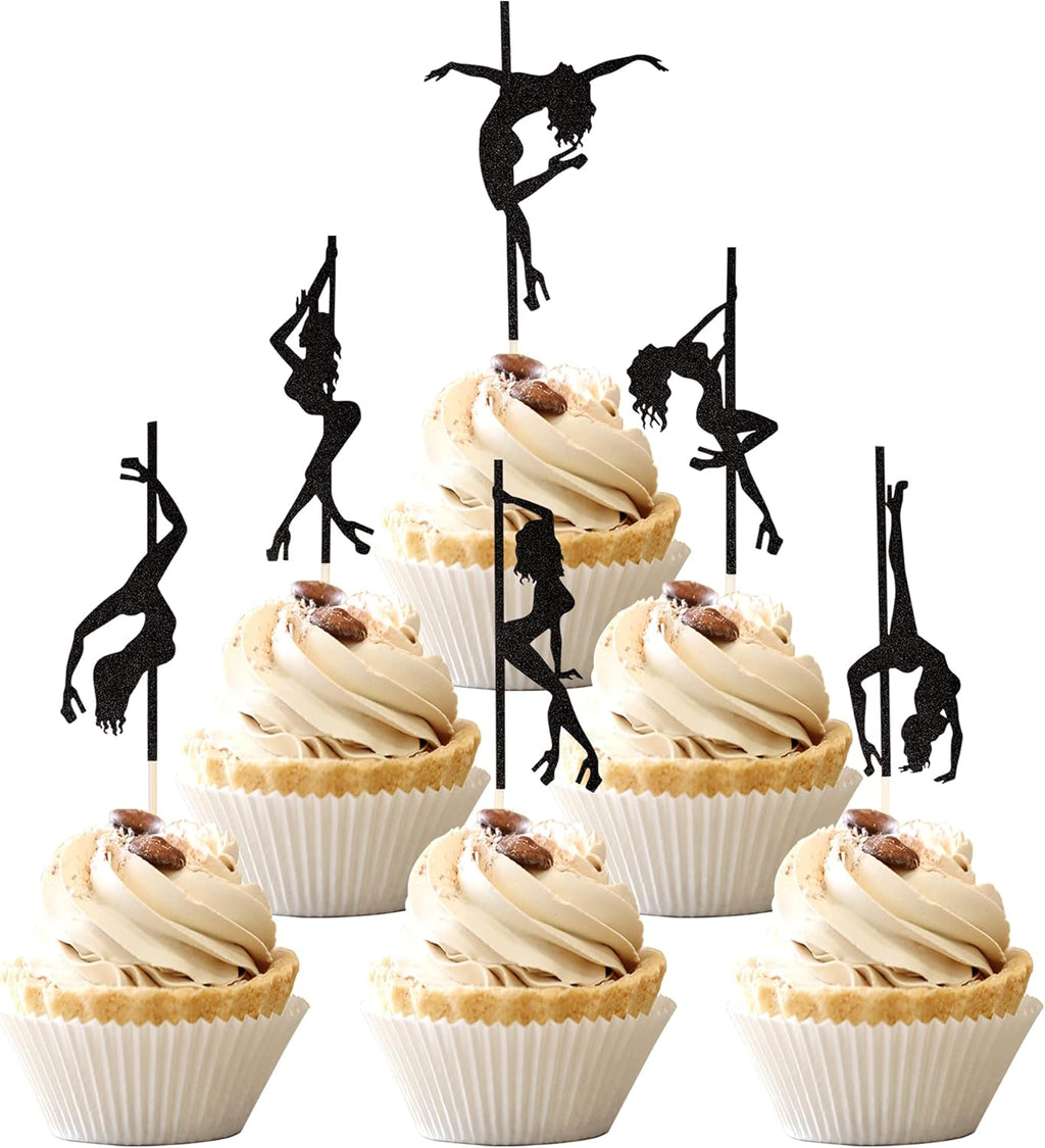 36 PCS Pole Dance Girl Cupcake Toppers Black Glitter Pole Dancing Cupcake Picks Bachelorette Bridal Shower Birthday Party Cake Decorations Supplies