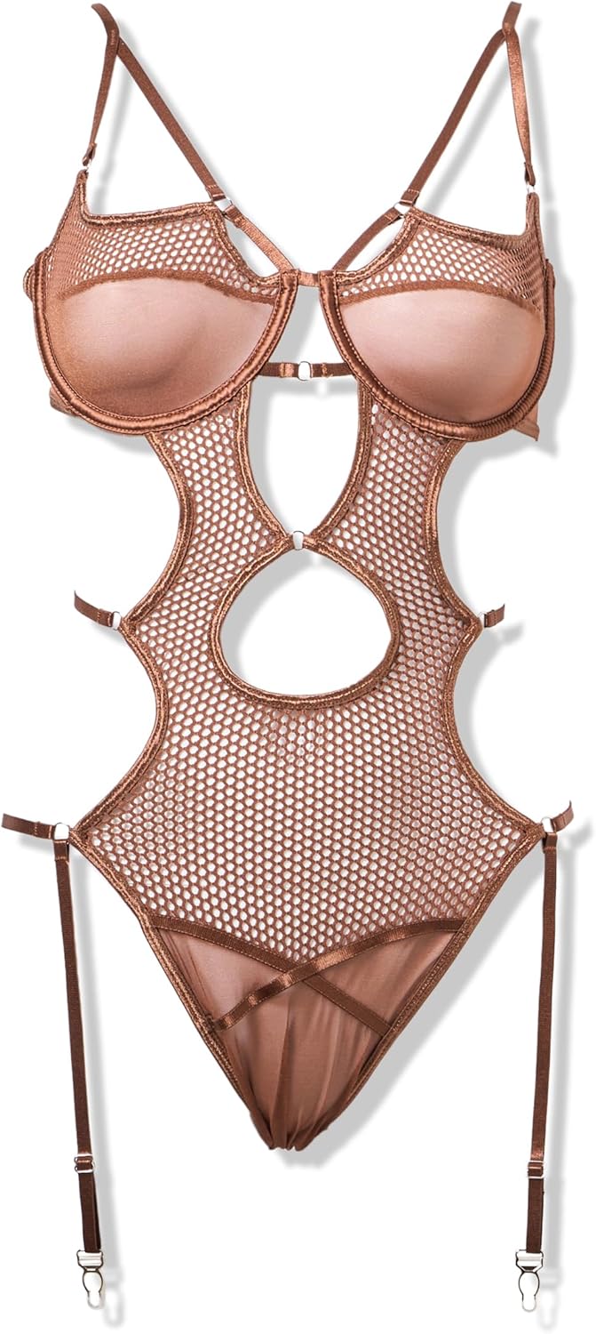 Forplay Women's Caught Up O-Net Strappy Teddy Set Brown, Medium