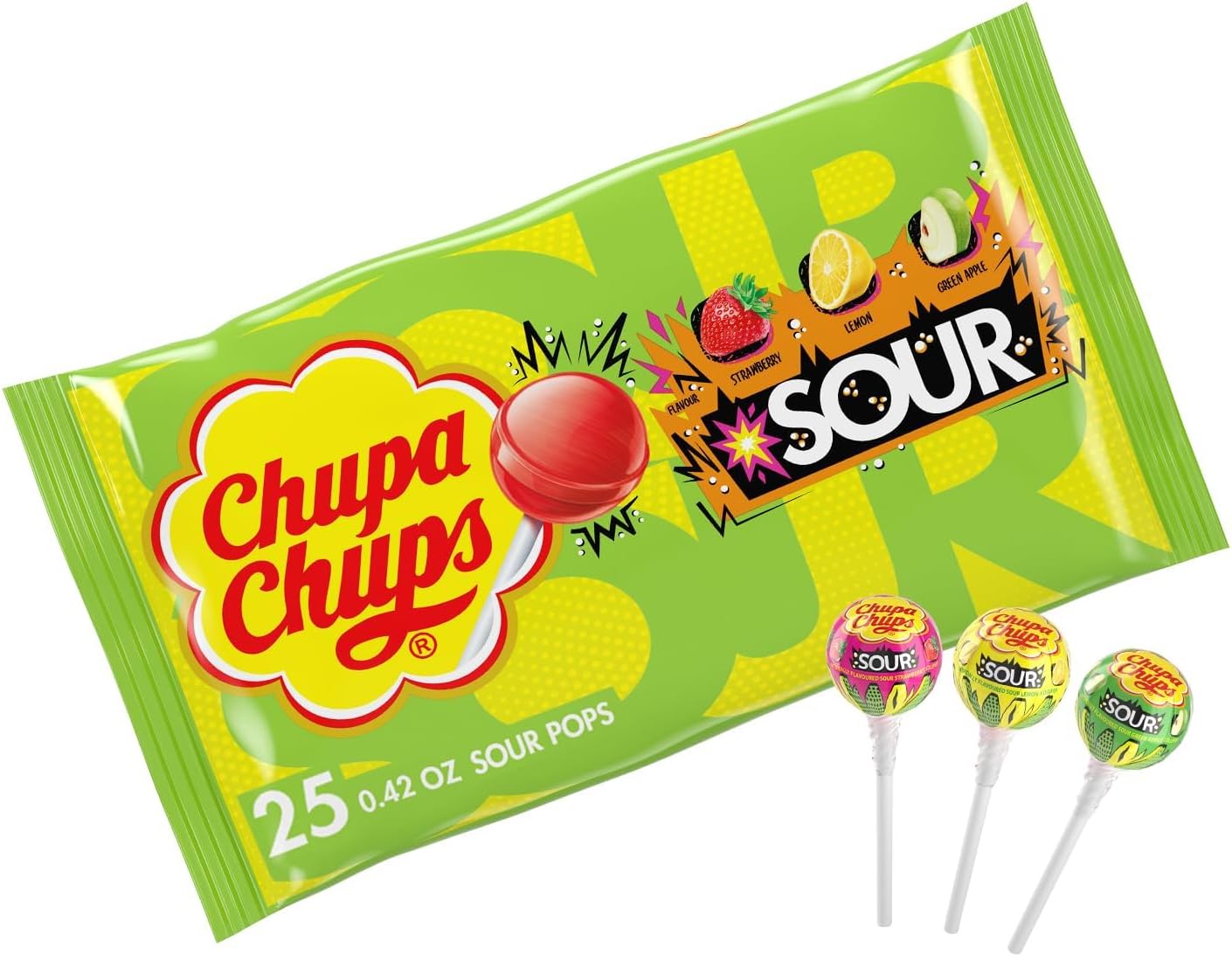 Chupa Sour Fruit Lollipop Assortment, 3 Sour Flavors, Individually Wrapped Candy for Kids, 10.5 OZ Bag (25 Suckers)
