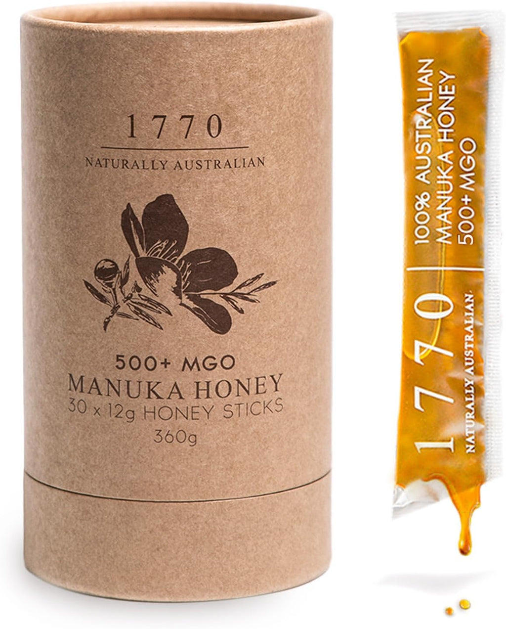 1770 Naturally Australian MGO 500+ Manuka Honey Sticks 30 x 15g, Organic Honey for Tea, Yogurt, & Travel Snacks