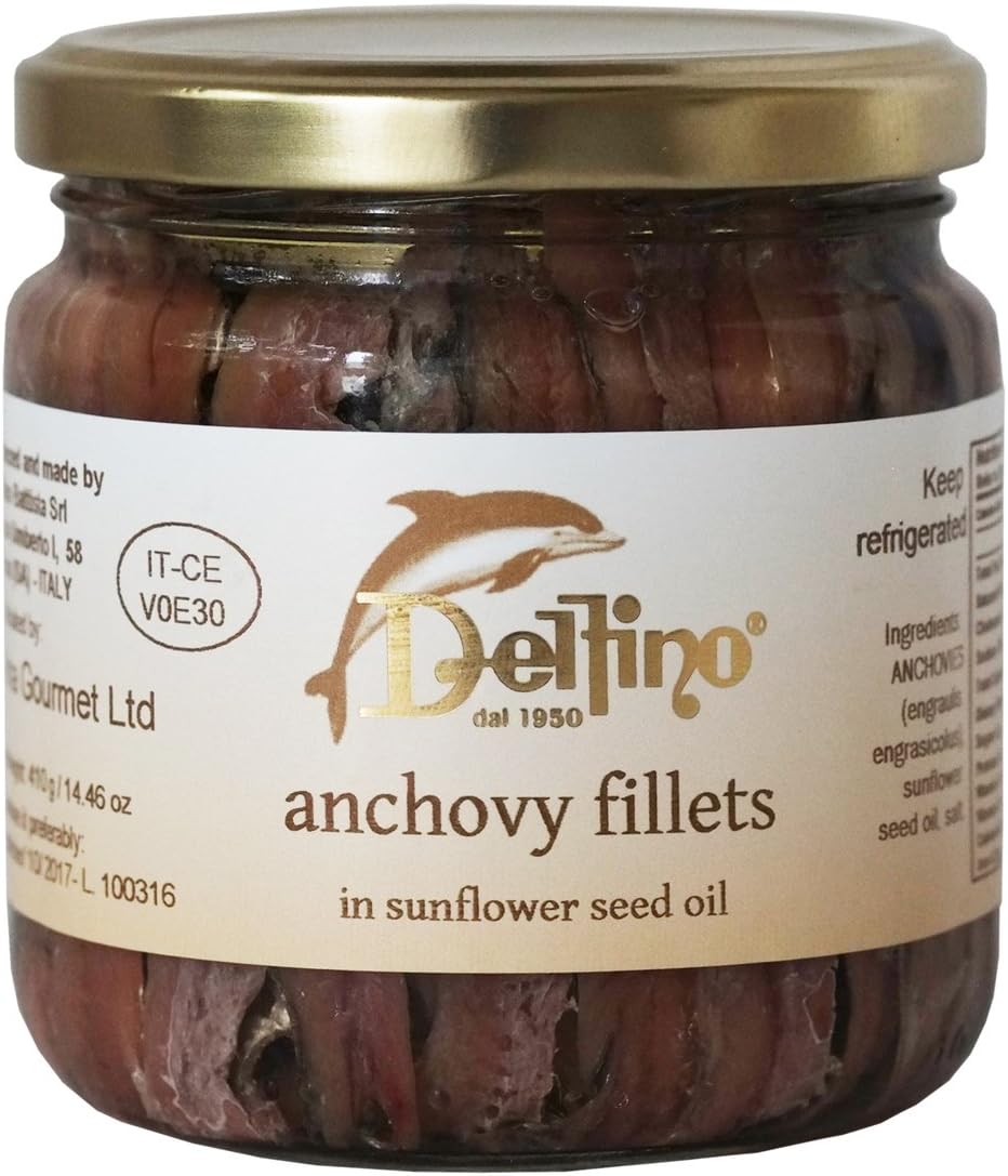 Delfino Battista Anchovy Fillets in Oil from Cetara Italy, 14.5 Ounce Glass Jar – Premium Anchovy Fillets, Canned Anchovies, Tinned Anchovies, Gourmet Fish Fillet Quality