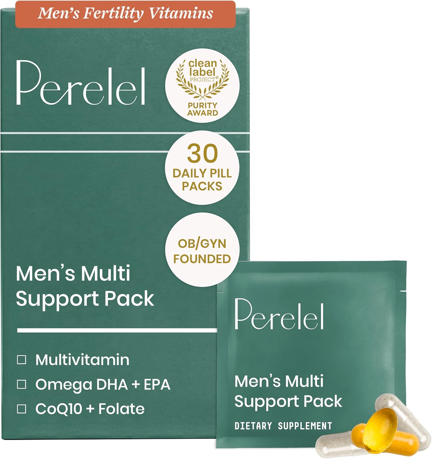 Perelel Men’s Multi Support Pack, Daily Multivitamin with Magnesium, Omega 3, CoQ10 & Folate, Nutritional Support for Men’s Wellness, Soy & Gluten Free, Non GMO, 30 Daily Pill Packs
