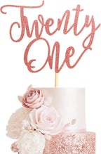 1Pc Twenty One Cake Topper - 21st Happy Birthday Cake Decorations, 21 Birthday Party Decor, Wedding Anniversary Party Decorations - Rose Gold Glitter
