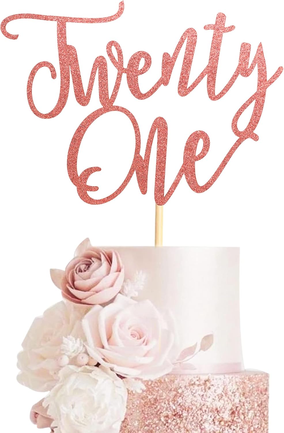 1Pc Twenty One Cake Topper - 21st Happy Birthday Cake Decorations, 21 Birthday Party Decor, Wedding Anniversary Party Decorations - Rose Gold Glitter
