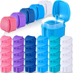 Zubebe 30 Pcs Denture Bath Retainer Case Holder Bulk with Strainer Basket Dental Cup Denture Soaking Container False Teeth Storage Box for Travel Cleaning Mouth Guard, 5 Colors