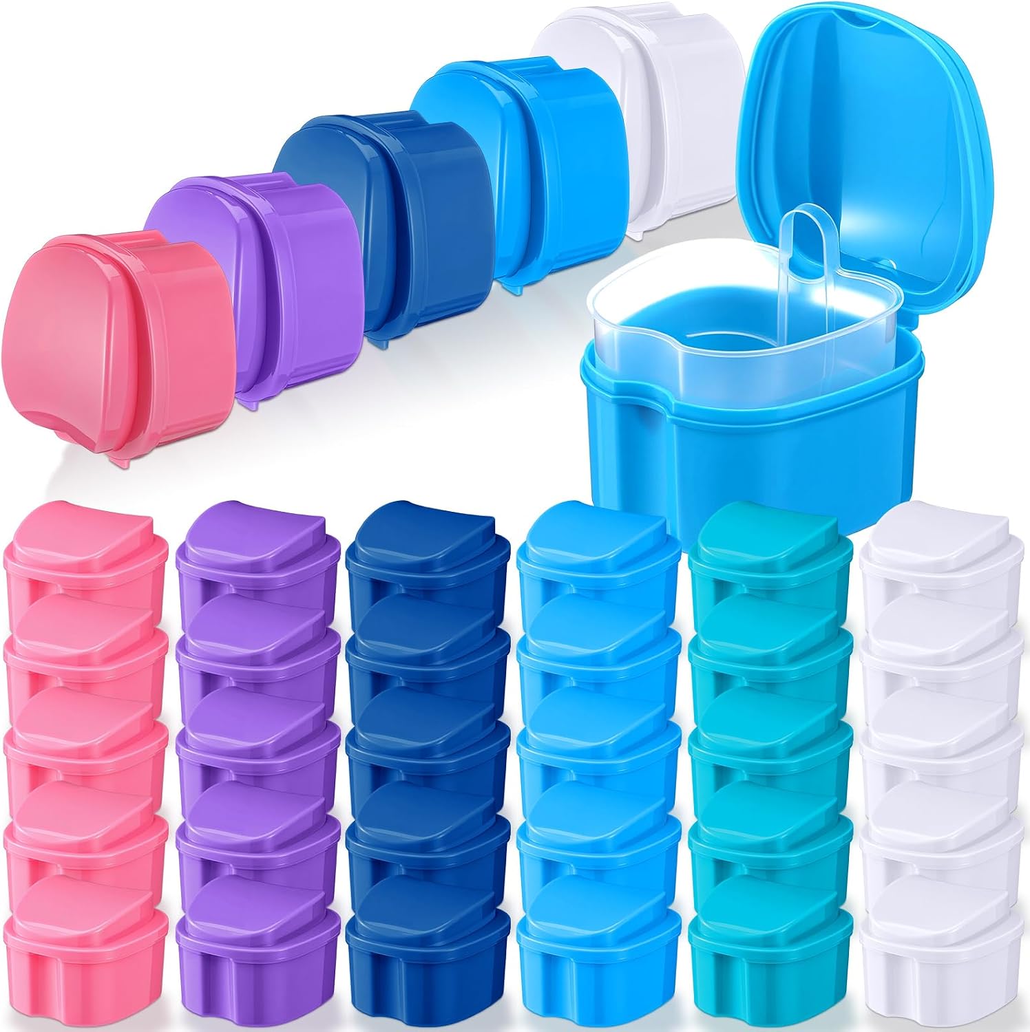 Zubebe 30 Pcs Denture Bath Retainer Case Holder Bulk with Strainer Basket Dental Cup Denture Soaking Container False Teeth Storage Box for Travel Cleaning Mouth Guard, 5 Colors