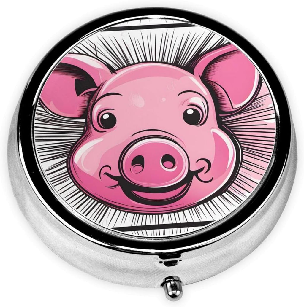 Metal Pill Box 2.0x2.0x0.7 in Mini Travel Medicine Pill Organizer Box for Purse Pocket Funny Pink Pig Face Picture, Black