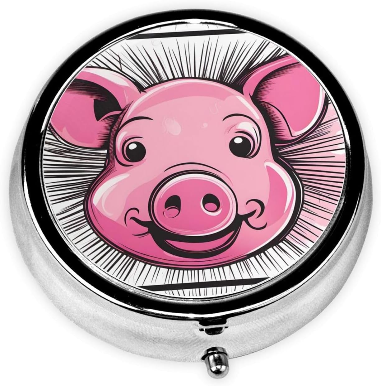 Metal Pill Box 2.0x2.0x0.7 in Mini Travel Medicine Pill Organizer Box for Purse Pocket Funny Pink Pig Face Picture, Black