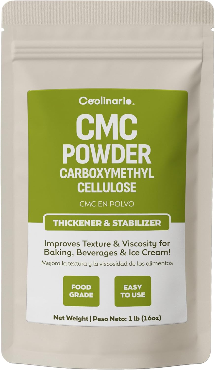 Coolinario Carboxymethyl Cellulose - CMC Powder - Tylose Powder (1 LB) Food Grade Thickener & Stabilizer for Baking, Beverages & Ice Cream | Improves Texture & Viscosity | CMC Para Helados