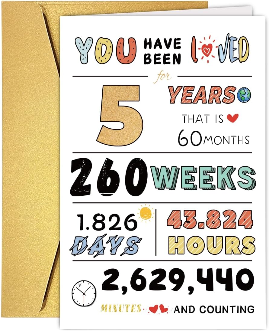 Cute 5th Birthday Card for Girls Boys, Ideal 5th Birthday Gift from Mom Dad, Five Years Old Birthday Card Gift For Son Daughter Children, Unique 5th Birthday Decorations for Grandson Granddaughter