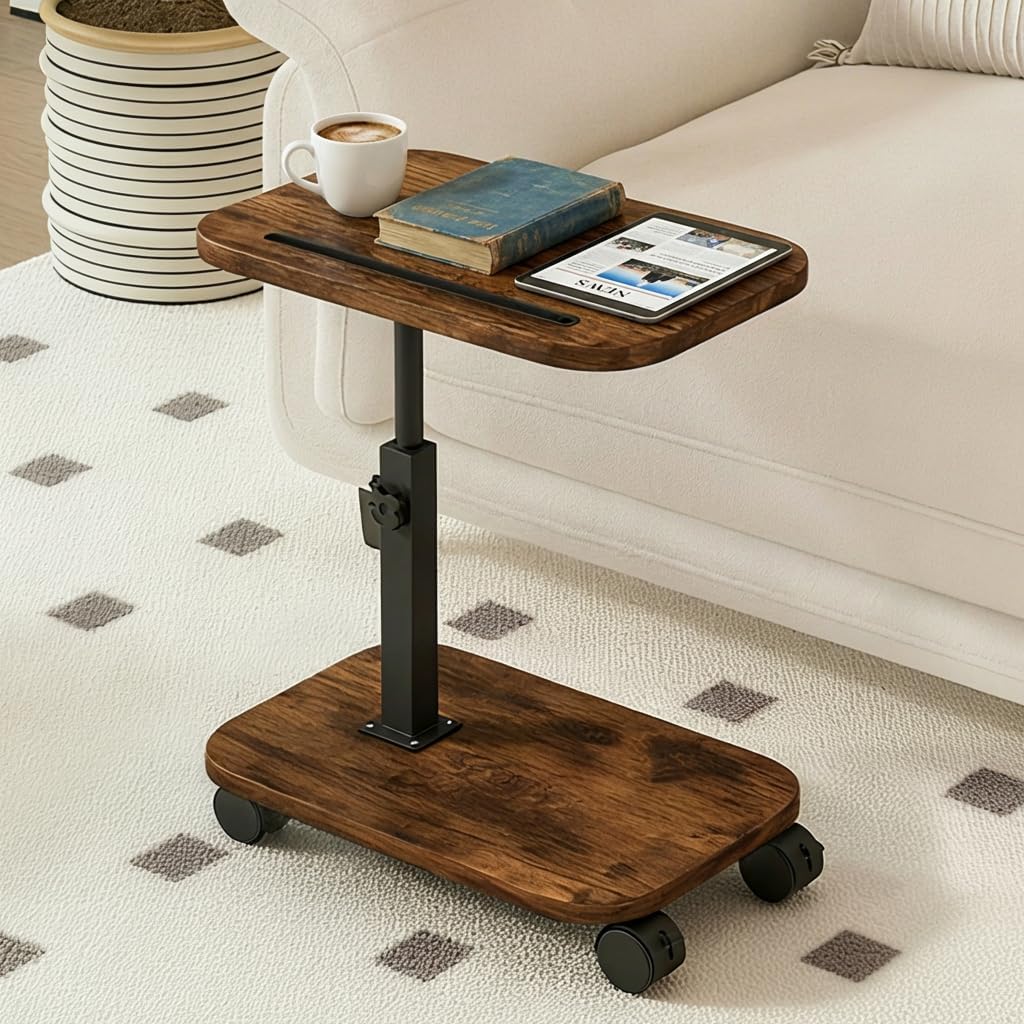 Adjustable Height TV Tray Table with Wheels, C Shaped End Side Table & Phone Tablet Slot, Swivel Snack Stand for Couch, Sofa, Bed,Living Room, Laptop Use in Small Spaces (Rustic Brown)