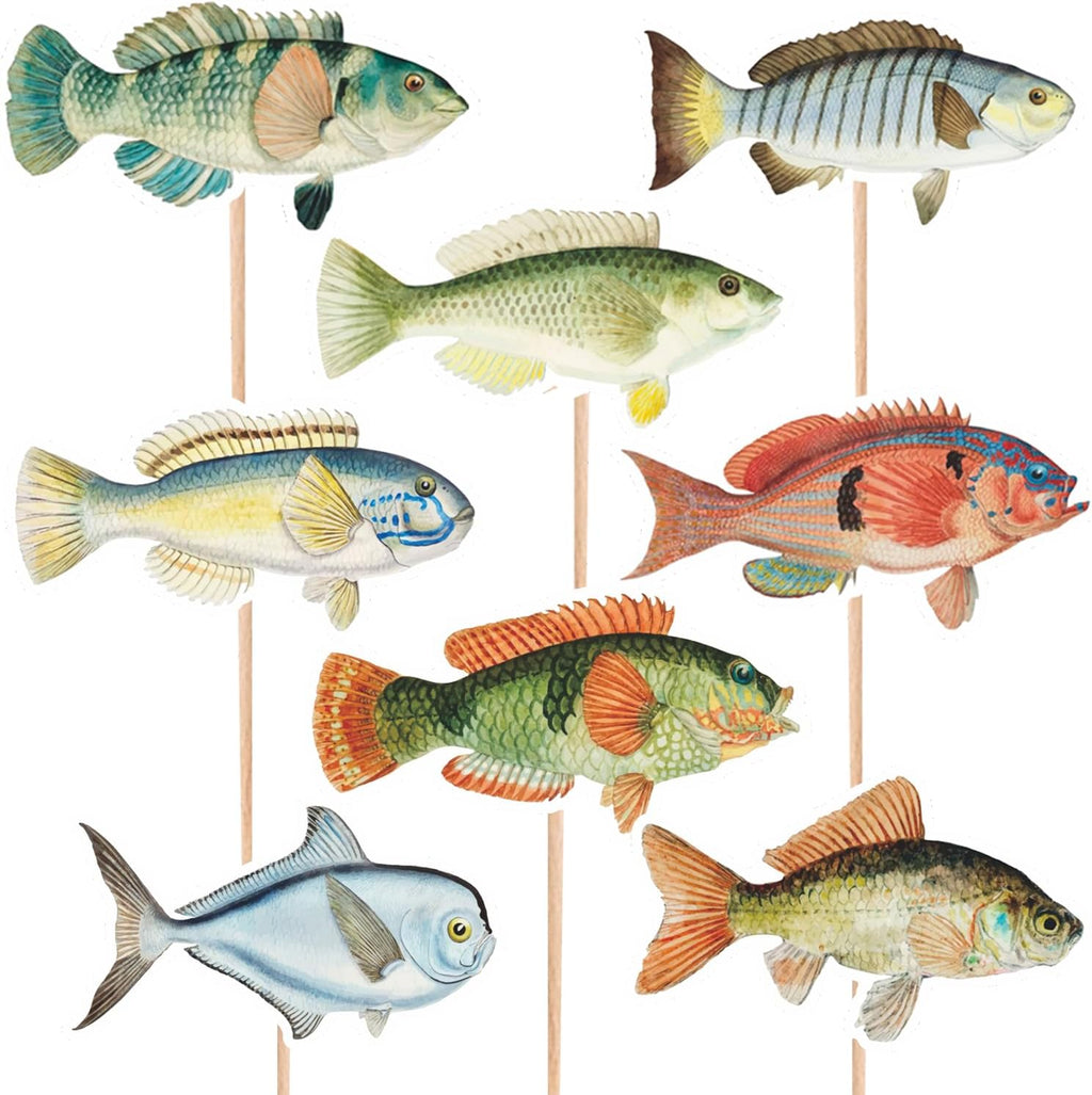 20pcs Fishing Cupcake Topper, Baby Shower Gone Fishing Party Decorations, Bass Party Picks Cake Toppers for Fisherman Birthday Retirement Fishing Tournament Seafood Feast Cake Decor