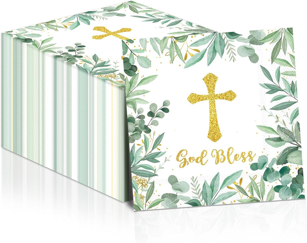 100Pcs God Bless Baptism Napkins First Holy Communion Mi Bautizo Napkins Cross Religious Paper Serviettes for Newborn Baby Shower Party Christening Religious Party Decorations