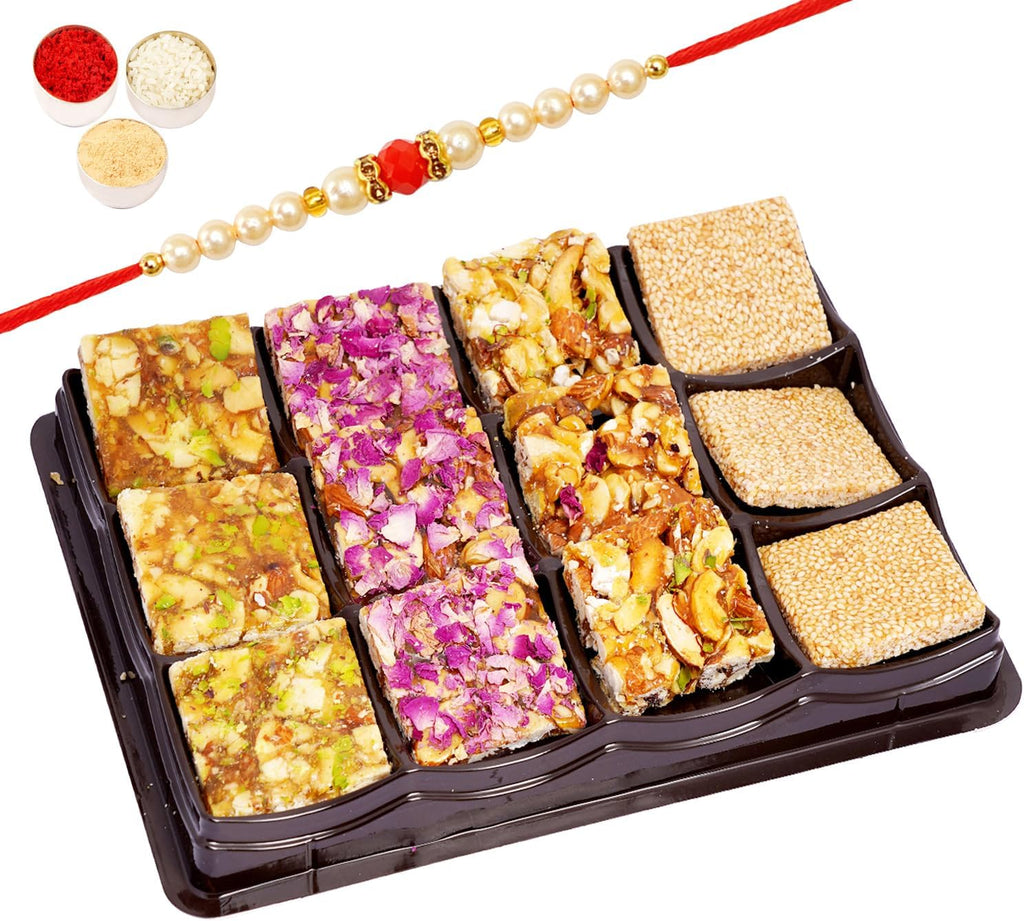 Ghasitaram Gifts Rakhi Gifts for Brothers Assorted Chikki Lid Box with Pearl Beads Rakhi
