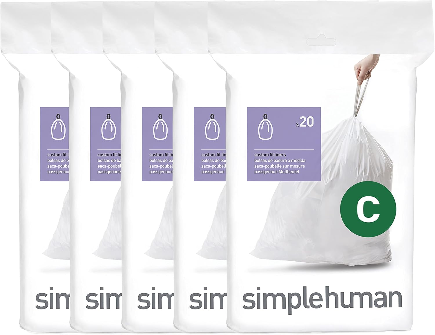 simplehuman Code C 100 Count, Dispenser Packs Custom Fit Liners, Drawstring Trash Bags, 10-12 Liter / 2.6-3.2 Gallon, White